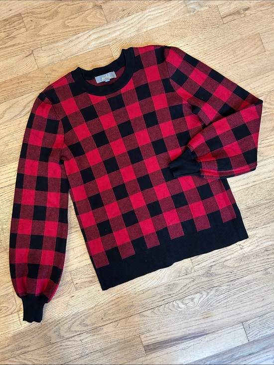 Marled by Reunited Clothing Sweaters - Plaid Crewneck Sweater in Red and Black - Casual Knit Top